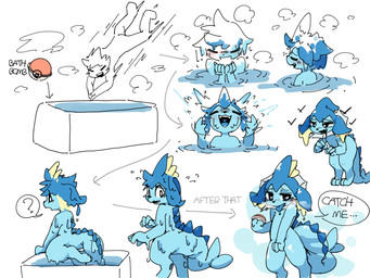 after_transformation ambiguous_gender anthro bath bath_bomb bathing bathroom bathtub bedroom_eyes blue_body blush body_part_growth covering covering_crotch dialogue growth heart_eyes heart_symbol human_to_anthro male membrane_(anatomy) narrowed_eyes open_mouth question_mark seductive semi-anthro simple_background solo species_transformation speech_bubble tail tail_growth text tongue tongue_out transformation transformation_sequence water netchy_boo nintendo pokemon eeveelution generation_1_pokemon human mammal pokemon_(species) vaporeon 2022 4:3 colored digital_media_(artwork) english_text hi_res