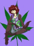 4_toes 5_fingers anthro barefoot bottomwear claws clothed clothing drugs feet female fingers front_view fully_clothed gloves_(marking) green_eyes hair holding_object leg_markings marijuana marijuana_leaf markings pink_nose purple_background shirt short_hair shorts simple_background sitting smile smoking socks_(marking) solo stoned substance_intoxication tail tank_top toes topwear aerynoustinne domestic_ferret gulonine mammal marten mustelid musteline pine_marten true_musteline weasel 3:4