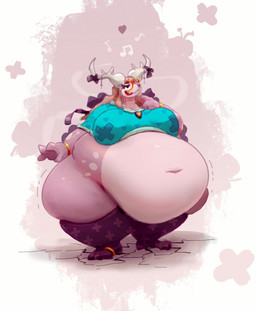 2_horns 3_toes 4_fingers accessory anthro antlers belly big_belly big_breasts biped blouse blue_blouse blue_clothing blue_heart blue_topwear bottomless bottomless_anthro bottomless_female bow_ribbon bracelet breasts clothed clothing countershading cracked_ground digit_ring eyelashes eyewear feet female female_anthro fingers freckles fur furgonomic_piercing furgonomics glasses heart_nose heart_print heart_symbol horn horn_accessory horn_bow horn_ribbon huge_belly huge_breasts huge_hips huge_thighs jewelry legwear markings morbidly_obese morbidly_obese_anthro morbidly_obese_female musical_note musical_symbol obese obese_anthro obese_female open_mouth overweight overweight_anthro overweight_female partially_clothed partially_clothed_anthro partially_clothed_female pattern_clothing pattern_legwear pattern_thigh_highs piercing pink_body pink_countershading pink_spots plantigrade purple_body purple_bow purple_freckles purple_fur purple_ribbon purple_spots ribbons ring round_glasses singing skindentation snout solo spots spotted_body spotted_fur standing symbol thick_thighs thigh_highs tight_clothing tight_legwear toe_ring toes topwear white_horn wide_hipped_anthro wide_hipped_female wide_hips yellow_eyewear yellow_glasses miluinaoxie deer mammal 2022 colored dialogue_in_description digital_media_(artwork) digital_painting_(artwork) english_description full-length_portrait hi_res painting_(artwork) portrait