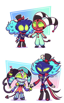 aged_down anthro blue_body blue_feathers blush blush_lines chibi clothed clothing clown_costume cybernetic_arm cybernetic_limb duo empty_eyes extended_arm eye_contact feathers fool's_hat forehead_tattoo geometric_background green_eyes green_sclera hand_holding hat headgear headwear heart_symbol horn jester_outfit looking_at_another male red_body red_eyes red_skin sharp_teeth simple_background smile spade_tail striped_horn stripes tail tail_feathers teeth text top_hat white_background young norithelord hellaverse helluva_boss asmodeus_(helluva_boss) fizzarolli_(helluva_boss) avian avian_demon demon humanoid imp 2023 absurd_res artist_name hi_res watermark