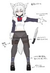 bow_tie breasts brown_eyes clothed clothing female footwear gloves hair handwear inner_ear_fluff knife legwear maid_headdress maid_uniform melee_weapon navel panties sheathed_weapon shoes short_hair solo text tights tuft underwear uniform weapon white_hair sakifox wolf_maid animal_humanoid canid canid_humanoid canine canine_humanoid humanoid mammal mammal_humanoid wolf_humanoid absurd_res hi_res japanese_text model_sheet translation_request