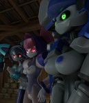 3d_(artwork) absurd_res android blazermate blue_body blue_nipples brass_(medabots) breast_envy breast_size_difference breasts dear_stage digital_media_(artwork) female genitals green_eyes green_nipples grey_body group hi_res humanoid looking_at_breasts lorded machine medabots nipples not_furry pink_eyes pink_nipples pussy robot robot_humanoid sailor-multi trio