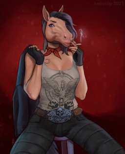 anthro belt belt_buckle black_hair blue_eyes buckle cigarette clothing female fingerless_gloves gloves hair handwear jacket kerchief neckerchief neckwear shirt sitting smoking solo tank_top topwear neebaridge dead_by_daylight kate_denson equid equine horse mammal 2021 hi_res