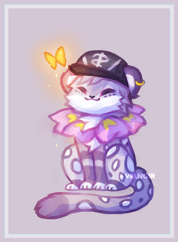 border clothing ear_piercing flower_accessory hat headgear headwear male piercing purple_body purple_border simple_background text velnoir dutch_(dutchleopard) arthropod butterfly felid insect leopard lepidopteran mammal pantherine snow_leopard artist_name