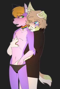 andromorph anthro blush clothed clothing collar duo fur green_body green_fur hand_in_underwear intersex intersex/male male partially_clothed pink_body pink_fur purple_body purple_fur rainbow_collar teasing underwear kxndlowa kana_(kxndlowa) zice_(furii)