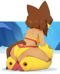 anthro armor big_butt bikini bikini_bottom bikini_top boots breasts brown_hair butt butt_squish clothing eyewear female footwear fur gauntlets gloves goggles hair handwear jet_propulsion kneeling looking_away rocket_boots shoes sitting_on_feet solo squish swimwear tail tan_body tan_fur thick_thighs two-piece_swimsuit whiskers yellow_bikini yellow_clothing yellow_swimwear nade gameoverse glitch_productions kit_bodega domestic_cat felid feline felis mammal 2026 absurd_res digital_drawing_(artwork) digital_media_(artwork) hi_res