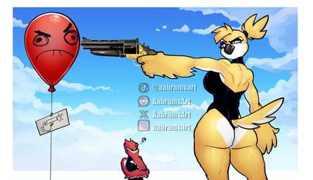 anthro back_muscles balloon beak big_breasts big_butt black_clothing black_eyeshadow black_leotard blue_eyes blue_sky border breasts bubble_butt butt clothing curvy_figure day duo eyelashes eyeshadow facepalm feathered_arms feathers female glistening glistening_arms glistening_body glistening_butt glistening_feathers glistening_legs glistening_thighs gun handgun holding_gun holding_object holding_ranged_weapon holding_weapon inflatable instagram_logo leotard licking licking_lips makeup multicolored_body multicolored_feathers outside ranged_weapon red_body red_feathers reddit_logo revolver sky tail tail_feathers text thick_thighs tiktok_logo tongue tongue_out two_tone_body two_tone_feathers voluptuous voluptuous_anthro voluptuous_female weapon white_body white_border white_feathers wide_hipped_anthro wide_hipped_female wide_hips x_logo yellow_body yellow_feathers aabramsart instagram reddit tiktok x_(social_media) tanya_(aabramsart) tina_(aabramsart) avian bird 2026 artist_name digital_drawing_(artwork) digital_media_(artwork) hi_res watermark