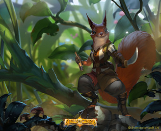anthro buckteeth clothing female footwear fur holding_melee_weapon holding_object holding_sword holding_weapon leaf melee_weapon plant red_body red_fur shoes smile solo standing sword tail teeth weapon rudy_siswanto spells_of_genesis mammal rodent sciurid tree_squirrel digital_media_(artwork) hi_res
