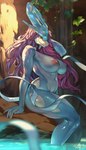 anthro anthrofied areola big_breasts blue_body blue_skin breasts butt curly_hair female hair long_hair mature_female nipples nude pink_nipples pokemorph pubes purple_hair sitting solo water white_body white_skin ama_dench_art nintendo pokemon generation_2_pokemon legendary_pokemon pokemon_(species) suicune hi_res