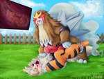 anal anal_penetration animal_genitalia animal_penis arcanine bagu balls balls_deep big_penis blush bodily_fluids brown_body brown_fur canid canine canine_genitalia canine_penis cloud conditional_dnp dripping drooling duo entei erection fence feral fluffy fluffy_tail fur generation_1_pokemon generation_2_pokemon genital_fluids genitals grass hi_res inner_ear_fluff internal internal_anal knot knotting leaking_precum legendary_pokemon looking_pleasured lying male male/male male_penetrated male_penetrating male_penetrating_male mammal nintendo on_back orange_body orange_fur outside penetration penis plant pokemon pokemon_(species) precum precum_drip precum_string red_penis saliva sex spread_legs spreading striped_body stripes tail tongue tongue_out tuft wet