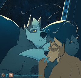anthro anthro_on_anthro black_nose brown_body brown_fur cigarette cuddling duo eyes_closed fangs fur grey_body grey_fur holding_cigarette holding_object male male/male male_anthro moobs nude open_mouth overweight overweight_anthro overweight_male sleeping slim_anthro slim_male smoke tan_body tan_fur teeth text chocolateandmilk nintendo star_fox fox_mccloud wolf_o'donnell canid canine canis fox mammal wolf hi_res url