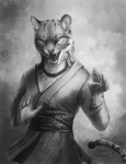 aggressive anthro clothing dress ear_piercing female krathella piercing solo tail pechschwinge felid feline mammal serval monochrome traditional_media_(artwork)