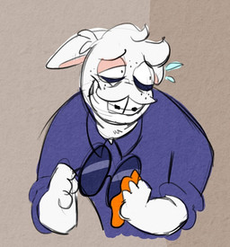 4_fingers anthro arms_bent black_eyes blue_clothing blue_eyelids blue_shirt blue_topwear bodily_fluids braces brown_background buckteeth cleaning cleaning_rag clothing ears_down eyewear fingers freckled_face freckles fur hair holding_cloth holding_eyewear holding_object holding_sunglasses light long_ears male nervous nervous_smile nervous_sweat noseless pivoted_ears rolled_up_sleeves shirt short_hair simple_background solo sunglasses sweat tan_inner_ear teeth topwear white_body white_fur white_hair randomrabbidramblings mario_plus_rabbids_sparks_of_hope nintendo raving_rabbids rayman_(series) ubisoft t.s._woodrow lagomorph mammal rabbid 2024 colored colored_sketch digital_drawing_(artwork) digital_media_(artwork) english_description half-length_portrait lighting portrait sketch
