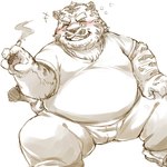 anthro belly big_belly blush bottomwear clothing eyes_closed kemono male overweight overweight_male pants shirt simple_background sitting smoking solo topwear white_background furipon felid mammal pantherine tiger 1:1 2024 hi_res