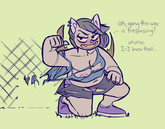 anthro areola bat_wings big_breasts black_bottomwear black_clothing black_eyes black_hair black_nails black_shorts blush bottomwear breasts clothing colored_nails dialogue ear_piercing ear_ring eyelashes fangs female fence footwear front_view fur gesture green_background hair hand_gesture highlights_(coloring) kneeling looking_at_viewer membrane_(anatomy) membranous_wings nails navel nipple_slip nipples open_mouth panties pattern_bottomwear pattern_clothing pattern_panties pattern_underwear piercing pink_areola pink_nipples pointing pointing_at_self purple_clothing purple_footwear purple_highlights purple_panties purple_shoes purple_underwear ring_piercing shoes short_hair shorts shortstack simple_background solo striped_bottomwear striped_clothing striped_panties striped_underwear stripes talking_to_viewer tan_body tan_fur teeth text thick_thighs torn_clothing underwear wardrobe_malfunction wide_hips wings blueregardtwo tasha_(blueregardtwo) bat mammal english_text hi_res