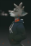 anthro bottomwear clothing eyes_closed fire fur gradient_background hoodie male pants simple_background solo standing teeth topwear miles_df canid canine fox mammal 2020 dark_theme digital_media_(artwork) half-length_portrait portrait shaded