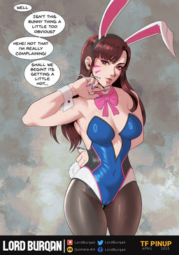 bow_tie breasts brown_hair bunny_costume camel_toe clothing costume dialogue fake_ears fake_rabbit_ears female hair leggings legwear leotard lips not_furry pantyhose shirt_collar shirt_cuffs solo speech_bubble text tight_clothing lordburqan blizzard_entertainment overwatch d.va_(overwatch) human mammal english_text hi_res