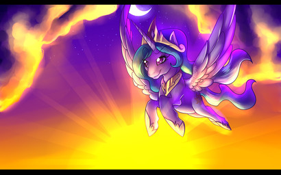black_bars cloud crown feathered_wings feathers female feral flowing_mane flying headgear horn moon princess quadruped royalty solo sunset tail white_body white_feathers wings lune_the_tiger friendship_is_magic hasbro my_little_pony mythology princess_celestia_(mlp) equid equine mammal mythological_creature mythological_equine winged_unicorn 16:10 hi_res letterbox widescreen