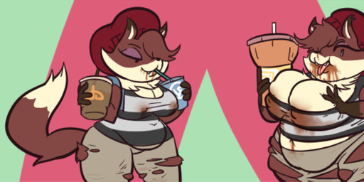 anthro base_one_layout basic_sequence belly beverage big_belly big_breasts bodily_fluids bottomwear breasts brown_body brown_fur cleavage cleavage_overflow clothed clothing coffee drinking eyeshadow female fur hand_on_breast hat headgear headwear huge_breasts lactating lactating_through_clothing linear_sequence makeup messy navel nipple_outline obese obese_anthro obese_female one_row_layout overweight overweight_anthro overweight_female pants shirt simple_background slob smile solo standing tan_body tan_fur three_frame_image three_frame_sequence tongue tongue_out topwear torn_clothing weight_gain wet wet_clothing unknown_artist planet_coaster foxy_(planet_coaster) canid canine fox mammal hi_res sequence