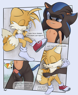 2_tails 5_fingers 5_toes anthro aroused balls barefoot becoming_erect black_body black_fur black_penis blue_balls blue_body blue_eyes blue_fur blue_penis bodily_fluids canon_x_oc chest_tuft clothed clothed/nude clothing countershade_fur countershading dialogue dirty_talk dotted_background dripping duo erection evil_grin excited eyes_closed facial_tuft feet fingers floor footwear foreskin fur genital_fluids genitals glans gloves handwear humanoid_genitalia humanoid_penis leaking leaking_precum lidded_eyes looking_at_another looking_down lying lying_on_ground male male/male multi_tail multicolored_body multicolored_fur multicolored_penis nipples nude nude_male on_back on_ground on_side one_eye_half-closed pattern_background penis pink_glans precum precum_drip red_clothing red_footwear red_shoes shadowed_eyes shoes simple_background sleeping small_penis smile smirk socks speech_bubble stepped_on tail text throbbing throbbing_penis toes tremble_spikes trembling_for_pleasure tuft two_tone_body two_tone_fur two_tone_penis white_background white_clothing white_footwear white_gloves white_handwear white_shoes white_socks yellow_body yellow_fur young young_anthro young_male anitwenty sega sonic_the_hedgehog_(series) fan_character miles_prower neo_the_hedgehog canid canine eulipotyphlan fox hedgehog mammal absurd_res comic digital_media_(artwork) digital_painting_(artwork) english_text hi_res multiple_scenes painting_(artwork)