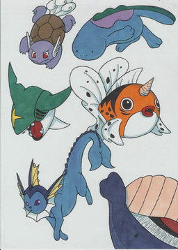 ambiguous_gender blue_body brown_shell dorsal_fin dot_eyes feral fin group horn open_mouth orange_body purple_eyes red_eyes red_tongue shell simple_background simple_eyes tail tail_fin tan_horn teeth tongue white_background pandaman118 nintendo pokemon eeveelution generation_1_pokemon generation_2_pokemon generation_3_pokemon pokemon_(species) quagsire seaking sharpedo vaporeon wailmer wartortle 2009 marker_(artwork) pen_(artwork) shaded traditional_media_(artwork)