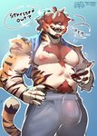abs anthro biceps big_breasts blush breasts bulge clothed clothing fur hair hair_over_eye looking_at_viewer male muscular muscular_anthro muscular_male nipples open_mouth paws pecs simple_background smile solo stripes tail teeth text topwear white_body tem1tem murata_(tem1tem) felid mammal pantherine tiger absurd_res digital_media_(artwork) english_text hi_res