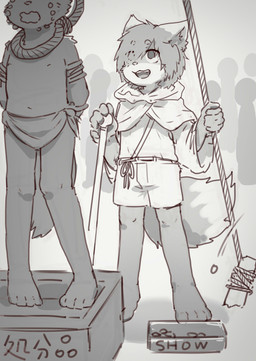 4_toes 5_fingers anthro audience bodily_fluids bottomwear cape circle_eyebrows clothed clothing crowds crying duo erotic_asphyxiation execution executioner eyebrows faceless_character feet fingers fluffy fluffy_tail front_view fully_clothed group hands_behind_back hanged hood imminent_death inner_ear_fluff loincloth male noose open_mouth rope shorts shota silhouette slave slim slim_anthro slim_male slim_young smile snuff solo_focus standing tail tears text toes tuft young young_anthro young_male teien canid canine fox mammal absurd_res chinese_text hi_res monochrome
