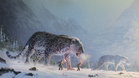 ambiguous_gender boots clothing detailed_background extreme_size_difference feral footwear forest group holding_object holding_torch jacket macro male markings mountain outside plant shoes size_difference snow snowing spots spotted_body standing tail topwear torch tree walking mael_oh felid human mammal pantherine snow_leopard 2020 digital_media_(artwork) hi_res