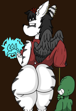 angry anthro assisted_exposure big_butt black_hair bodily_fluids butt caught_in_the_act clothed clothing clothing_lift cross-popping_vein curvy_figure duo ear_piercing ear_ring electricity feathers female hair hell huge_butt imminent_death larger_female male no_underwear piercing pole ring_piercing size_difference stick sweat thick_thighs unwanted_exposure voluptuous wide_hips wings hashidoodle slightly_damned anon sakido_elexion demon human mammal absurd_res hi_res
