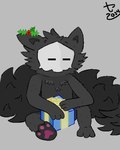 ambiguous_gender anthro black_body black_fur chest_tuft eyes_closed feet fluffy fluffy_tail fur gift head_tuft hindpaw holidays holly_(plant) mask pawpads paws plant simple_background sitting sitting_on_ground skull_mask solo tail tired tuft carnaltwin changed_(video_game) christmas puro_(changed) canid canine canis goo_creature mammal wolf 2024 4:5 digital_drawing_(artwork) digital_media_(artwork)