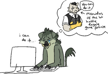 anthro bodily_fluids clothed clothing crying duo fur green_body green_fur male mouth_closed nude simple_background sitting speech_bubble tail tail_tuft tears text thought_bubble tuft white_background swampjaws epic_games fortnite meowdas swampy_(imperatorcaesar) felid mammal suid suine sus_(pig) wild_boar english_text