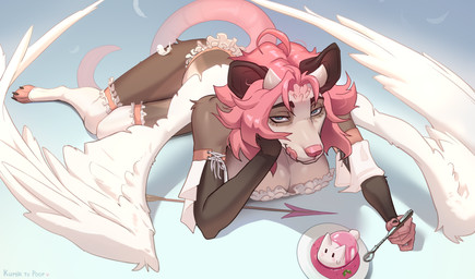anthro breasts cake clothed clothing cutlery dessert feathered_wings feathers feet female fingers food fur hair half-closed_eyes holding_object holding_spoon kitchen_utensils legwear licking licking_lips licking_own_lips looking_at_viewer lying narrowed_eyes on_front plate self_lick simple_background smile solo spoon tail thigh_highs toes tongue tongue_out tools topwear wings kumir american_opossum mammal marsupial digital_media_(artwork) hi_res