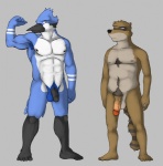 abs anthro armpit_hair avian balls beak biceps bird black_beak black_penis blue_balls blue_eyes blue_jay body_hair briefs cartoon_network chest_tuft circumcised clothing corvid duo feathers feet flaccid flexing fur genitals grey_balls half-erect humanoid_feet humanoid_genitalia humanoid_penis jay_(bird) male mammal mordecai_(regular_show) muscular muscular_male new_world_jay nipples non-mammal_nipples nude orange_eyes oscine passerine pecs penis penis_size_difference plantigrade pose procyonid pubes raccoon regular_show rigby_(regular_show) tail tuft underwear vein wkd