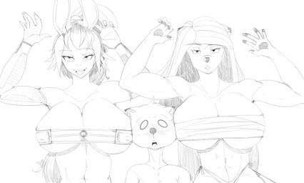 anthro bandage bandaged_chest bikini bikini_thong bikini_top breast_squish breasts clothing cybernetic_arm cybernetic_limb female group male male/female nipple_outline size_difference squish swimwear trio two-piece_swimsuit duplicatename rufus_(duplicatename) siobhan_(duplicatename) zanthia_(duplicatename) bat domestic_ferret mammal mustelid musteline true_musteline weasel hi_res monochrome