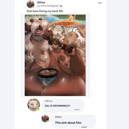 anthro areola beverage big_breasts big_butt black_body black_fur blonde_hair bodily_fluids breasts breath brown_areola brown_body brown_fur brown_tongue butt cutlery dessert duo female female_focus food fur furniture glistening glistening_breasts hair horn huge_breasts huge_butt ice_cream kitchen_utensils leaf long_tongue male motion_lines motion_onomatopoeia narrowed_eyes onomatopoeia ossicone overweight overweight_anthro overweight_female panting parasol purple_eyes saliva size_difference sky social_media sound_effects spoon stripes sweat table tail_around_partner tan_body tan_fur text tongue tools white_body white_fur white_hair whorgi althea_(zwerewolf) fisk_(whorgi) zal_(zwerewolf) canid canine canis felid giraffe giraffid gulonine hybrid mammal marten mustelid musteline pantherine pine_marten tiger wolf 1:1 2025 english_text meme