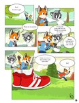 anthro bottomwear cheek_tuft clothed clothing detailed_background dialogue dipstick_tail duo eyewear facial_tuft feet_together footwear fully_clothed gloves_(marking) male markings plant shoes speech_bubble tail tail_markings text tree tuft pandapaco art_(pandapaco) biro_(pandapaco) canid canine fox mammal procyonid raccoon comic english_text hi_res