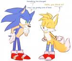 anthro clothed clothing crossdressing duo footwear legwear male multi_tail socks tail text topazice sega sonic_the_hedgehog_(series) miles_prower sonic_the_hedgehog canid canine eulipotyphlan fox hedgehog mammal english_text