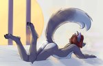 anthro bed breasts butt claws female fur furniture grey_body grey_fur hair nude on_bed raised_tail red_hair side_view solo tail savielle claire_(germanyfurball) canid mammal 2024 digital_media_(artwork) hi_res