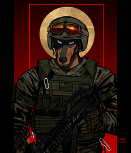 ambiguous_gender anthro armor blue_eyes bulletproof_vest camo camo_print clothing combat_gear eyewear female goggles goggles_on_headwear gun headgear helmet holding_gun holding_object holding_ranged_weapon holding_weapon intense_stare kit_grishaw light lobotomizeriv military military_helmet military_uniform muscular ranged_weapon reflection shaded_face soldier solo standing sunlight sunset uniform warrior weapon krampuzzz krampuzzzda canid canine canis dobermann domestic_dog mammal pinscher hi_res