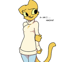anthro clothing cross cross_necklace female jewelry looking_aside necklace question simple_background solo sweater tail text topwear white_background filthypally microsoft prequel_adventure the_elder_scrolls katia_managan felid khajiit mammal 2025