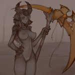 bangs big_breasts breasts female genitals grey_body grey_hair grey_skin hair hand_on_hip holding_object holding_weapon horn humanoid_genitalia humanoid_pussy long_hair looking_at_viewer melee_weapon navel nipples not_furry nude orange_eyes plantigrade polearm pussy scythe small_waist solo standing weapon syvaron portals_of_phereon guardian_(portals_of_phereon) demon demon_humanoid humanoid 1:1 restricted_palette