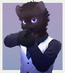 2023 aiming_at_viewer anthro brown_body brown_fur clothing fur gloves gun hanari060305 handgun handwear hi_res holding_object holding_weapon looking_at_viewer male mammal markings mustelid musteline necktie pistol purple_eyes ranged_weapon shirt solo spots spotted_body spotted_fur topwear weapon