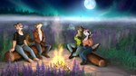 anthro clothed clothing detailed_background female fireplace flower fog fully_clothed grabbing_hands group howl light lupine_(flower) male moon moonlight night plant trunk tsarinart badger canid canine canis coyote honey_badger hyena mammal mustelid musteline striped_hyena 16:9 4k absurd_res hi_res widescreen