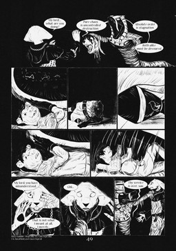 9_panel_comic ambiguous_gender anthro black_eyes black_nose black_text clenched_teeth clothed clothing dialogue empty_eyes eyebrows fingers fir floor gloves gore group hair handwear holding_by_neck holding_severed_head looking_at_another lying male motion_lines on_back on_ground open_mouth open_smile page_number pawpads severed_body_part severed_head smile speech_bubble talking_to_another teeth text tongue white_eyes white_sclera white_text leprzil canid canine crocodilian domestic_cat felid feline felis mammal mummy murid murine oriental_shorthair rat reptile rodent scalie undead artist_name comic english_text hi_res