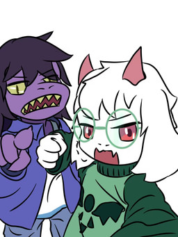 ambiguous_gender anthro duo eyewear fist fur glasses hair horn open_mouth pink_eyes purple_body purple_hair white_body white_fur young milinkapro deltarune mythology undertale_(series) ralsei susie_(deltarune) bovid caprine dragon goat mammal mythological_creature mythological_scalie scalie 3:4 hi_res female_(lore) male_(lore)