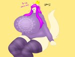 absurd_res anthro big_breasts brasive breasts clothed clothing covered_eyes crown domestic_cat felid feline felis female headgear hi_res huge_breasts hyper hyper_breasts kiki_(brasive) legwear lips mammal mature_anthro mature_female saintdmac solo stretched_clothing sweater thick_bottom_lip thick_thighs thigh_highs topwear