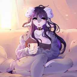 2_horns ahoge anthro bangs big_breasts black_clothing black_collar black_eyelids black_hair black_hooves black_shirt black_topwear bottomless breasts chest_tuft cleavage clothed clothing collar container cup female front_view grey_body hair holding_container holding_cup holding_object hooves horn inside lips long_hair looking_away markings open_clothing open_topwear pink_eyes pink_lips shirt sitting solo spots spotted_markings topwear tuft white_body mokkapie bovid caprine goat mammal colored digital_drawing_(artwork) digital_media_(artwork) hi_res shaded