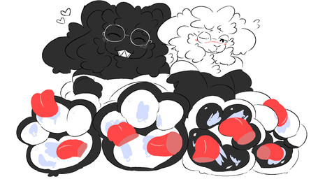 anthro black_body black_fur black_pawpads blush bodily_fluids chest_tuft disembodied_tongue duo ellipsis eyes_closed eyewear feet fluffy fluffy_hair flustered foot_lick fur glasses glistening glistening_pawpads grin hair heart_symbol hearts_around_head licking male off-shoulder_top one_eye_closed pawpads rabbit_ears saliva saliva_on_foot sharp_teeth sitting smile sweat sweatdrop teeth tongue tuft white_body white_fur white_pawpads belowbogey oliver_(adude54) revilo_(adude54) lagomorph leporid mammal rabbit hi_res