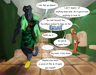5_fingers anthro athletic athletic_anthro athletic_female balls bathroom black_body black_fur black_nose blonde_hair bodily_fluids bottomwear bottomwear_around_ankles bottomwear_down brown_body brown_fur butt clothed clothed_anthro clothed_female clothing dialogue duo female fingers footwear fur genital_fluids genitals hair humanoid_genitalia humanoid_hands humanoid_penis jersey larger_female male markings nude nude_anthro nude_male peeing penis public_restroom shirt shoes shorts size_difference smaller_male speech_bubble spots spotted_body spotted_fur text threatening_castration topwear towel towel_around_neck urinal urine walking bludingo goat_(movie) sony_corporation sony_pictures jett_fillmore will_harris bovid caprine felid goat mammal pantherine absurd_res english_text hi_res