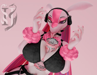 anthro belt between_breasts beverage big_breasts black_belt black_bra black_choker black_clothing black_jewelry black_necklace black_underwear bra breasts can choker claws cleavage clothed clothing container electronics energy_drink female glistening_eyelids headphones jewelry looking_at_viewer navel necklace non-mammal_breasts non-mammal_navel palmorph pink_background pink_body pink_claws pink_eyelids purple_eyes simple_background smile smiling_at_viewer solo tongue tongue_out underwear wide_hips impaer_jaster mayosplash_(modeler) monster_energy palworld pocketpair lovander_(mayosplash) lovander pal_(species) scalie 2026 3d_(artwork) digital_media_(artwork) hi_res pink_theme watermark